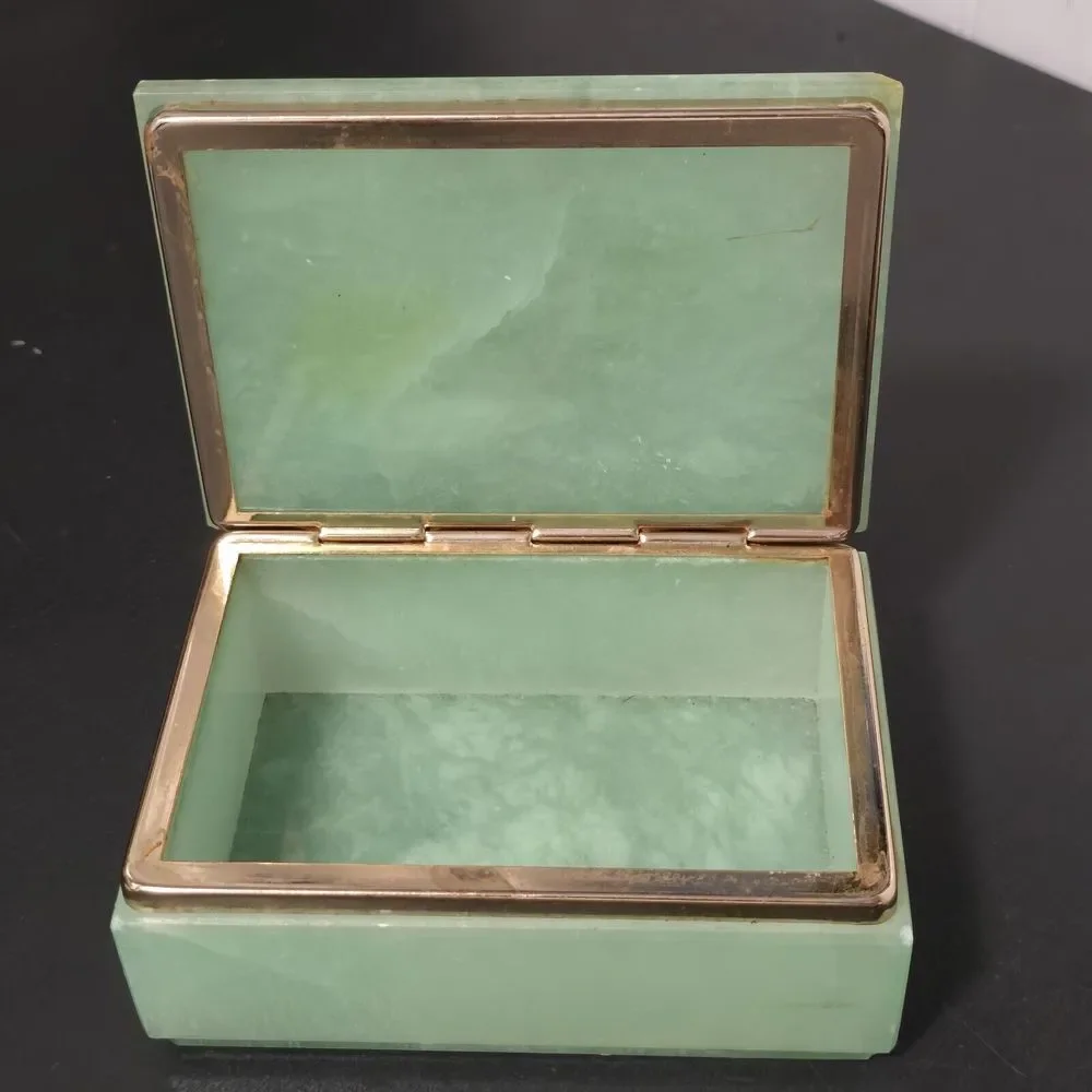 Alabaster Green ONYX Floral Keepsake Trinket‎ Box Marble Gold